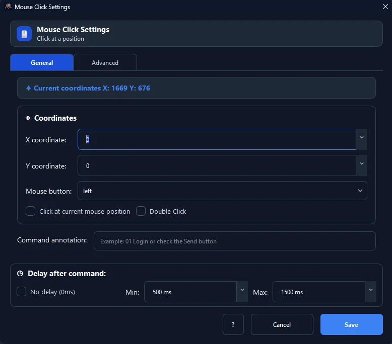 Figure 3: Detailed Mouse Click Settings panel displaying click button selection, coordinate inputs, and random delay (500ms–1500ms) interval.