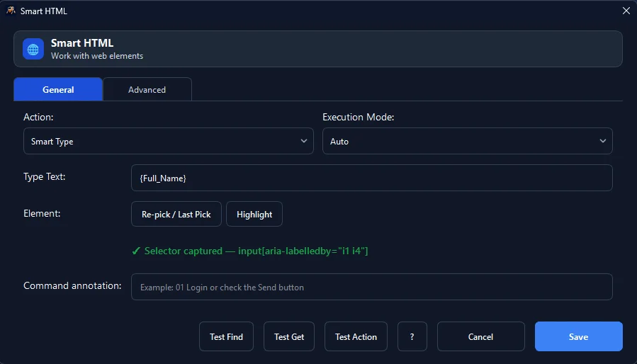 Figure 3: Smart HTML configuration panel binding dynamic variable {Full_Name} to Google Form input selector (input with aria-labelledby="i1 i4" attribute).