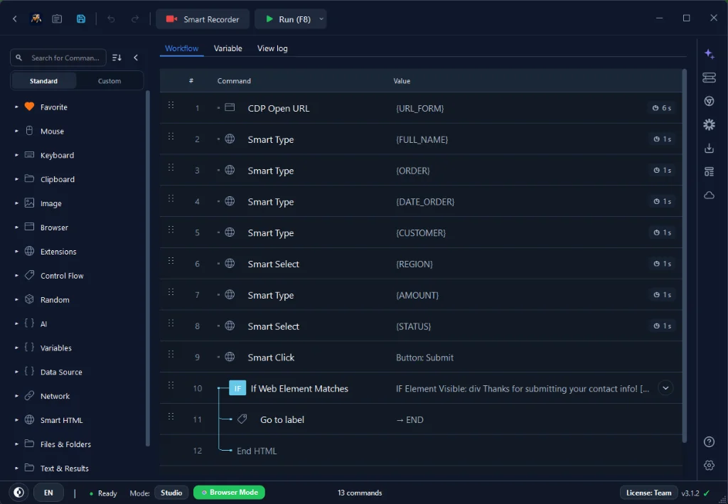 Figure 1: Eliminating manual data entry: RunMacro populates dynamic variables directly into web forms via background Chrome CDP.