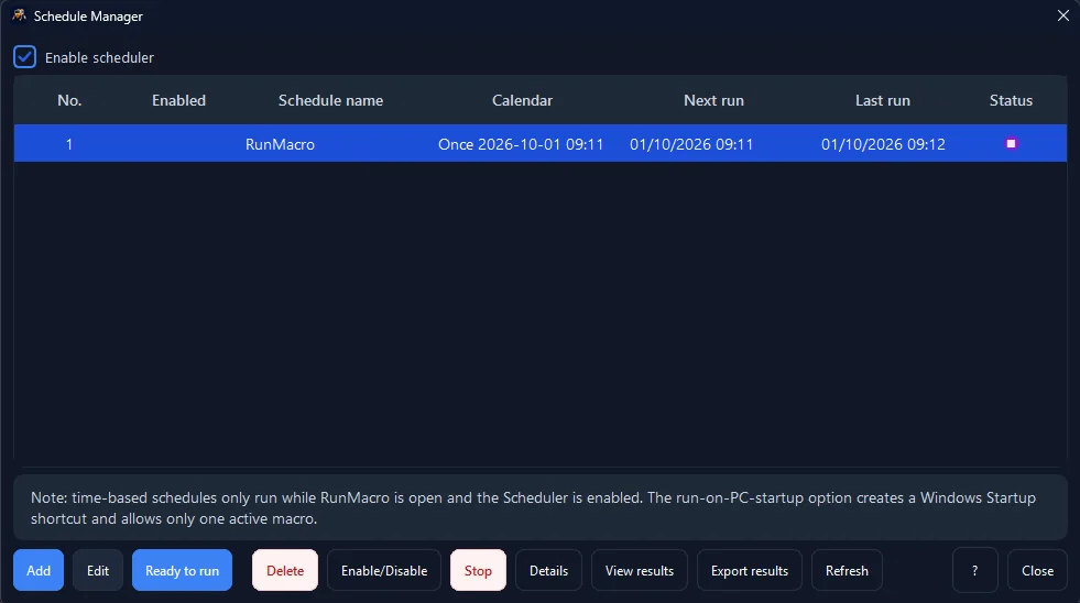 Figure 2: Automated recurring schedules: RunMacro triggers report extractions on a calendar timer before work hours begin.