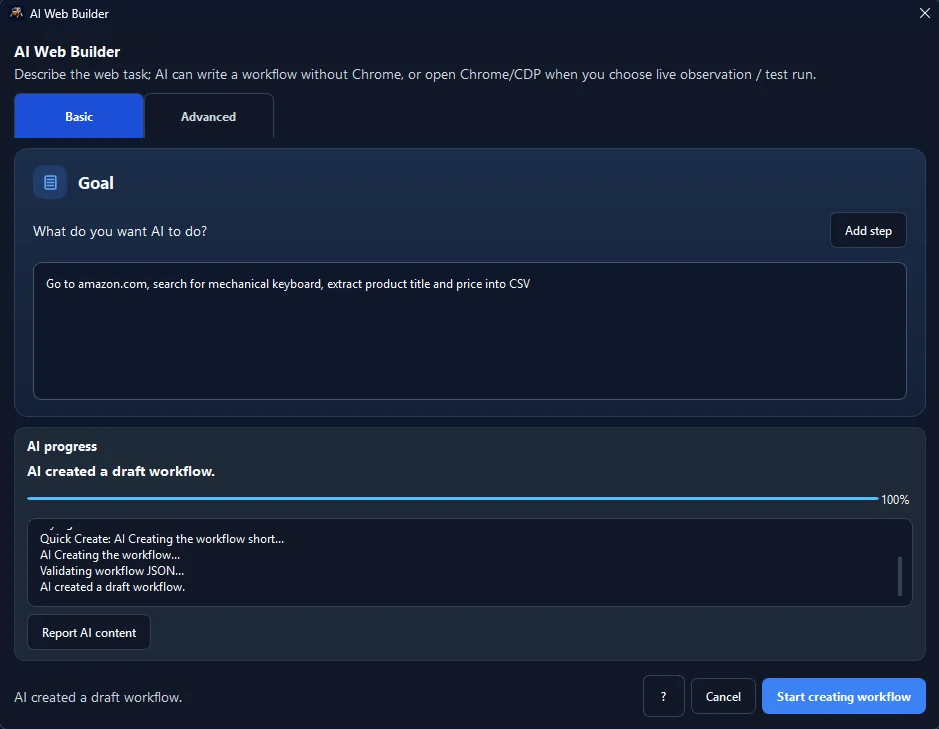 Figure 1: RunMacro AI Web Builder turning a natural language description into an automated browser task.