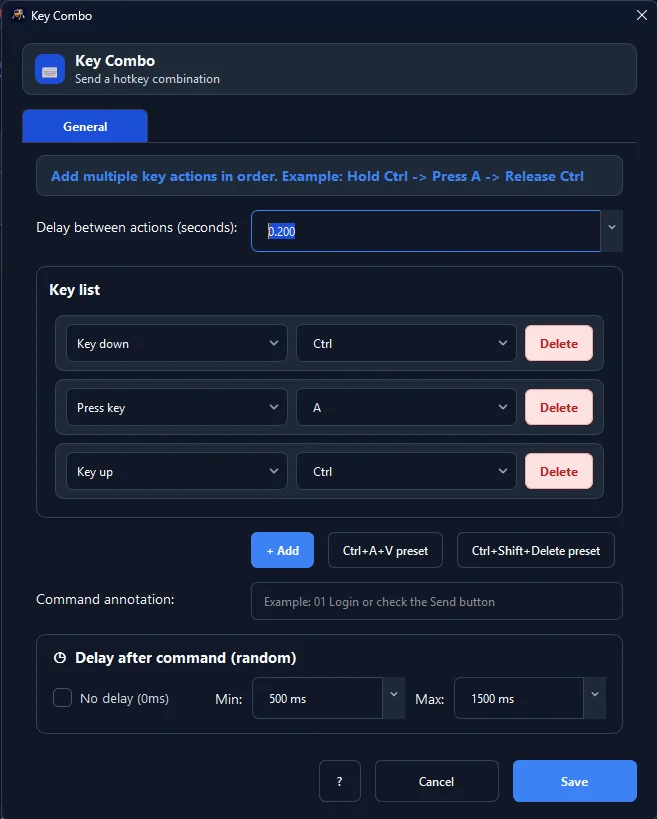 Figure 3: Advanced Key Combo configuration panel supporting multi-key hotkey sequences (e.g. Ctrl + A) with anti-detection random delays.