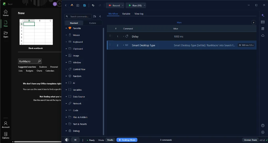 Figure 2: Testing automated typing live: RunMacro focuses the target window and executes Smart Desktop Type directly into Excel.