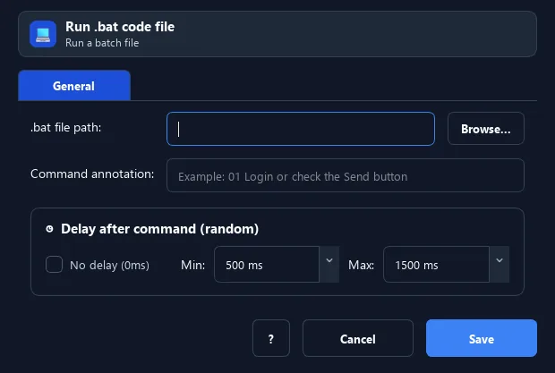 Figure 1: Configuring the Run .BAT File command dialog in RunMacro Studio to execute Windows batch scripts and pass dynamic variables.