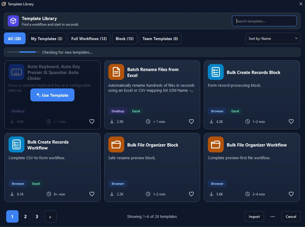 RunMacro Template Library with 28+ pre-built workflow templates for desktop and browser automation