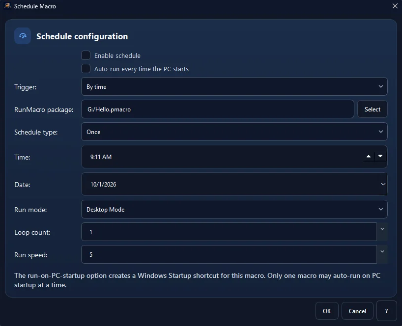 Figure 2: Detailed Schedule Macro configuration panel with time triggers, PC startup auto-run, and loop counts.