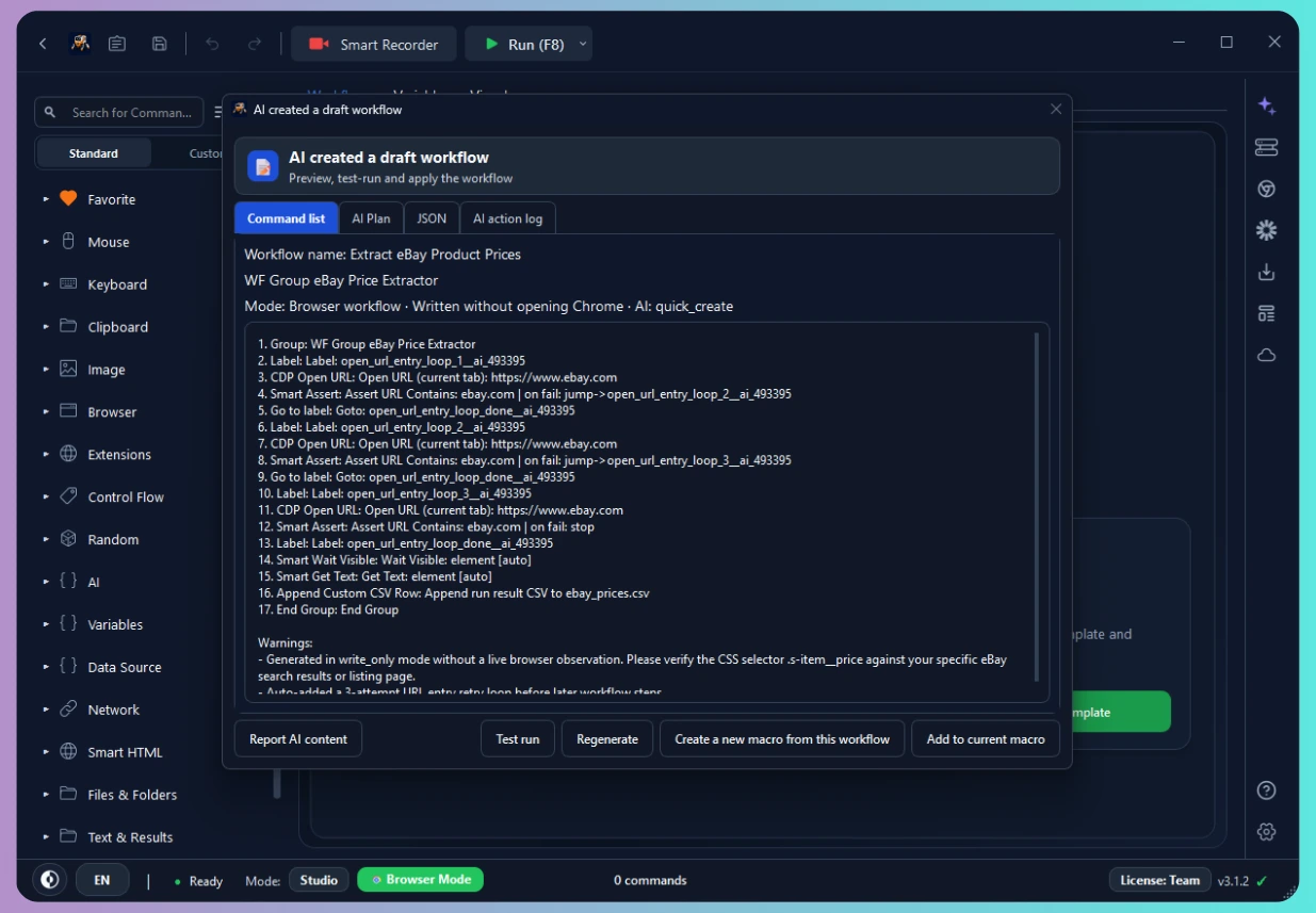 AI workflow generator converting text prompt into automated macro steps