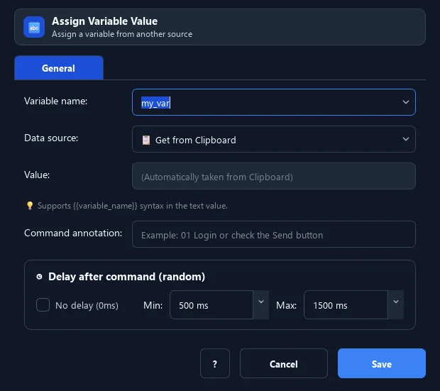 RunMacro Assign Variable command configuration dialog showing parameter fields
