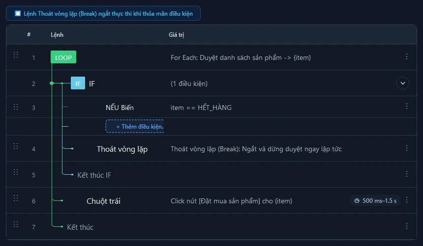Giao diện cấu hình các trường thông số của lệnh Thoát vòng lặp (Break) trong RunMacro