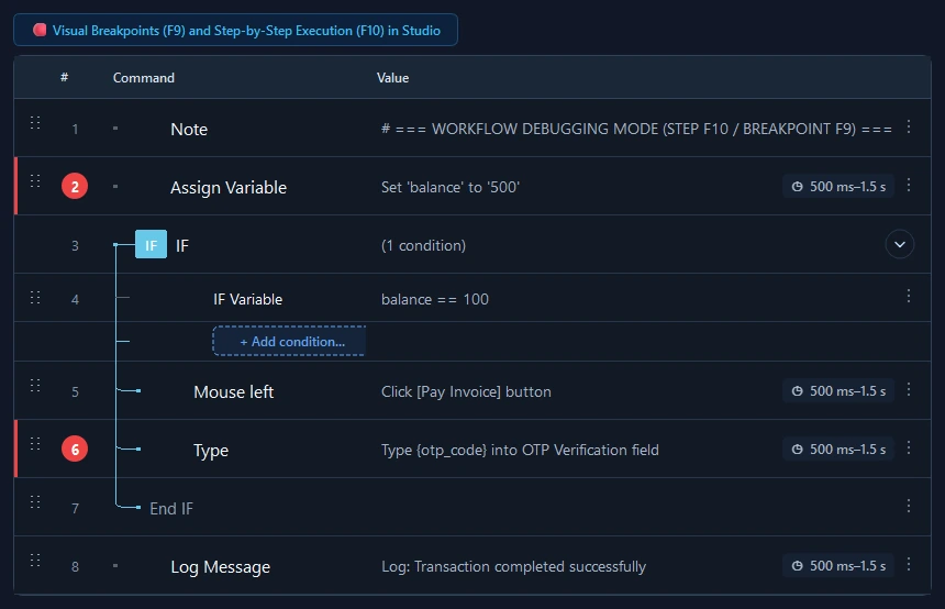 RunMacro Breakpoint & Step-by-Step command configuration dialog showing parameter fields