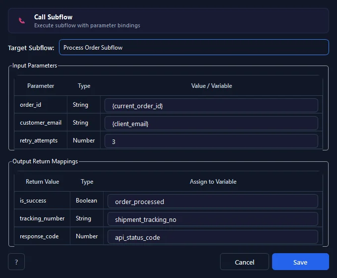 RunMacro Call Subflow command configuration dialog showing parameter fields