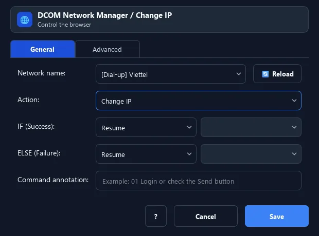RunMacro DCOM / Change IP command configuration dialog showing parameter fields