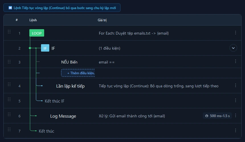 Giao diện cấu hình các trường thông số của lệnh Tiếp tục vòng lặp (Continue) trong RunMacro