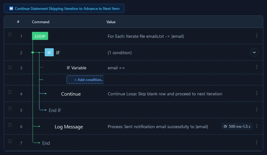 RunMacro Continue Loop command configuration dialog showing parameter fields