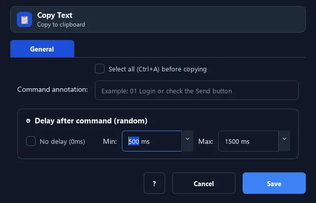 RunMacro Copy Text command configuration dialog showing parameter fields