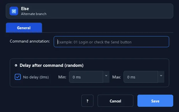 RunMacro Else / End If command configuration dialog showing parameter fields