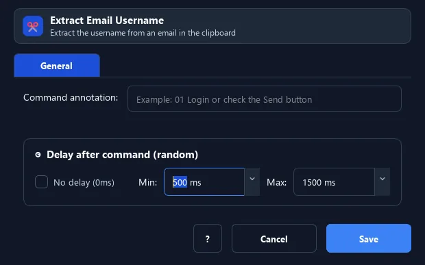 RunMacro Extract Email Username command configuration dialog showing parameter fields