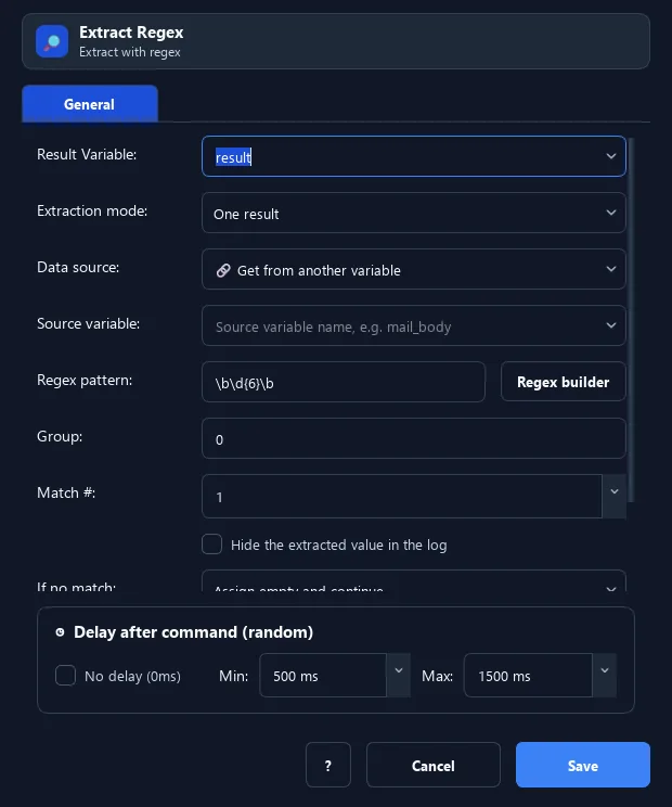 RunMacro Extract Regex command configuration dialog showing parameter fields