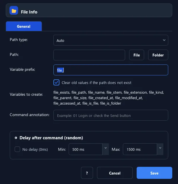 RunMacro File Info command configuration dialog showing parameter fields