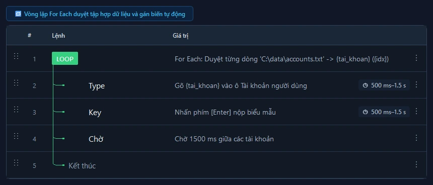 Giao diện cấu hình các trường thông số của lệnh Vòng lặp For Each trong RunMacro