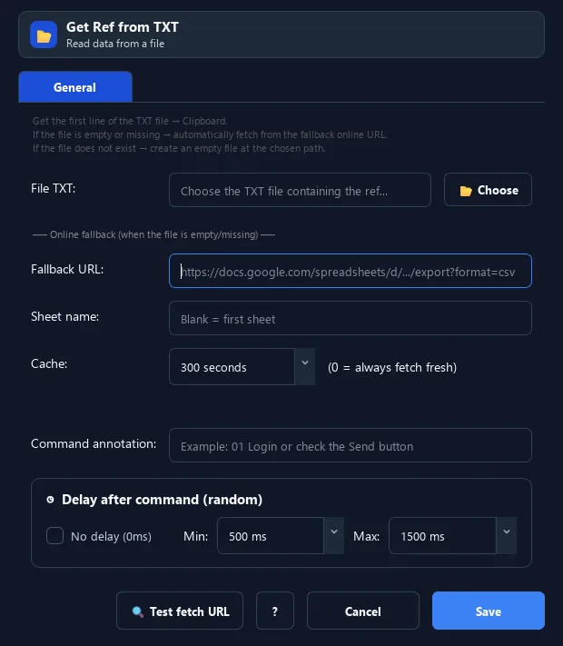 RunMacro Get Ref from TXT command configuration dialog showing parameter fields