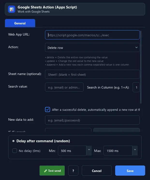 RunMacro Google Sheets Action command configuration dialog showing parameter fields