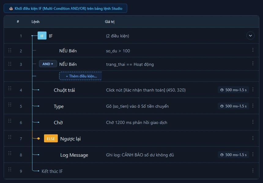 Giao diện cấu hình các trường thông số của lệnh Lệnh IF (Điều kiện) trong RunMacro