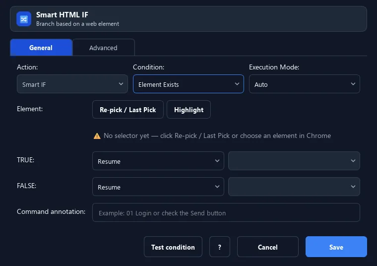 RunMacro Smart HTML IF command configuration dialog showing parameter fields