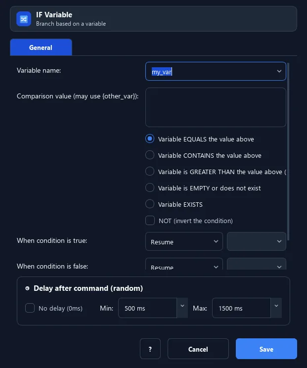 RunMacro IF Variable command configuration dialog showing parameter fields