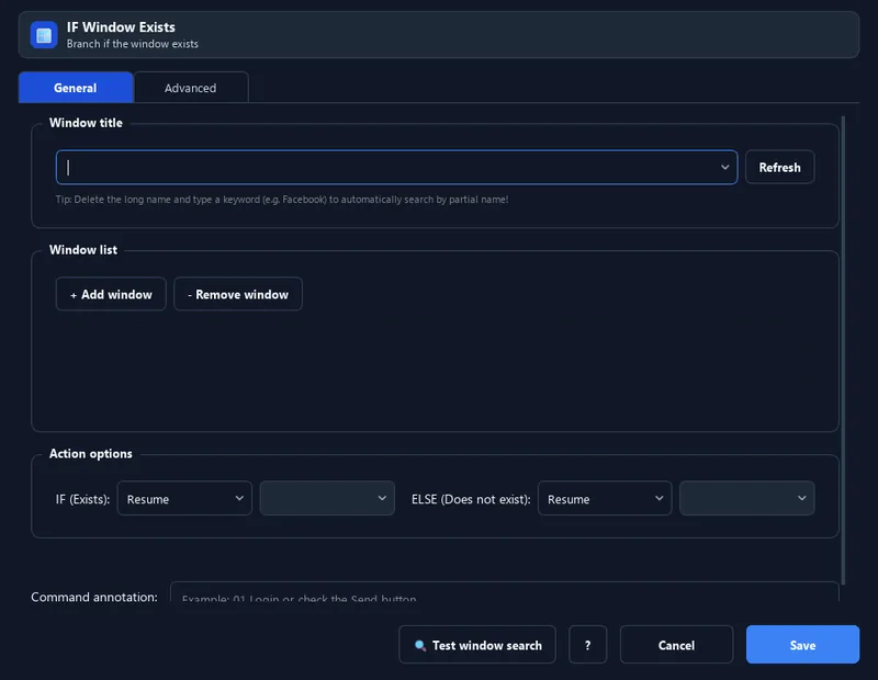RunMacro IF Window Exists command configuration dialog showing parameter fields