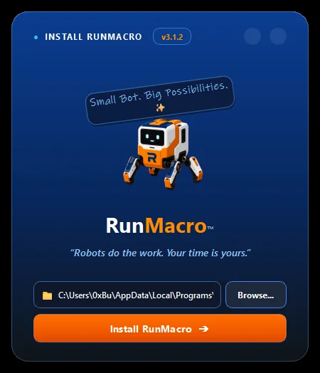 RunMacro Setup installer screen on Windows