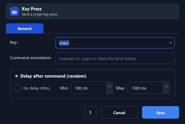 RunMacro Key Press command configuration dialog showing parameter fields