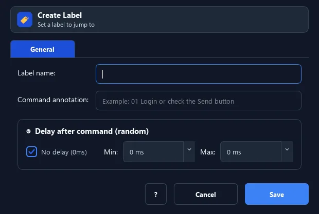 RunMacro Label command configuration dialog showing parameter fields