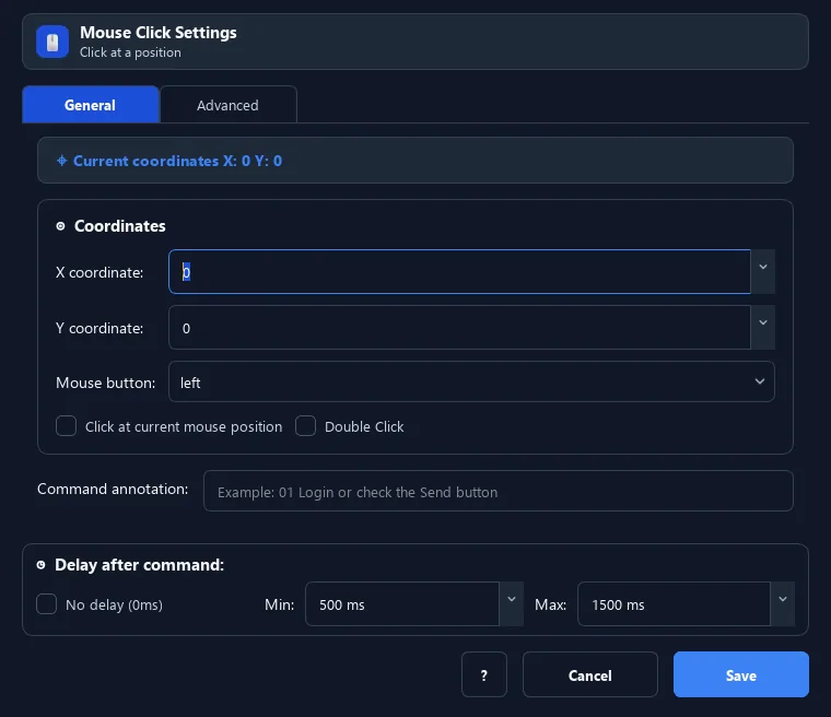 RunMacro Mouse Click command configuration dialog showing parameter fields