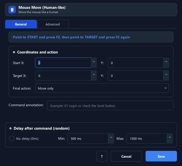 RunMacro Mouse Move command configuration dialog showing parameter fields