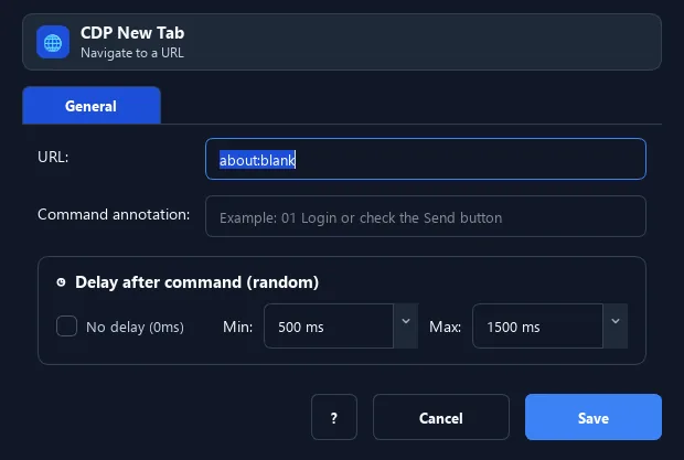 RunMacro New Tab command configuration dialog showing parameter fields