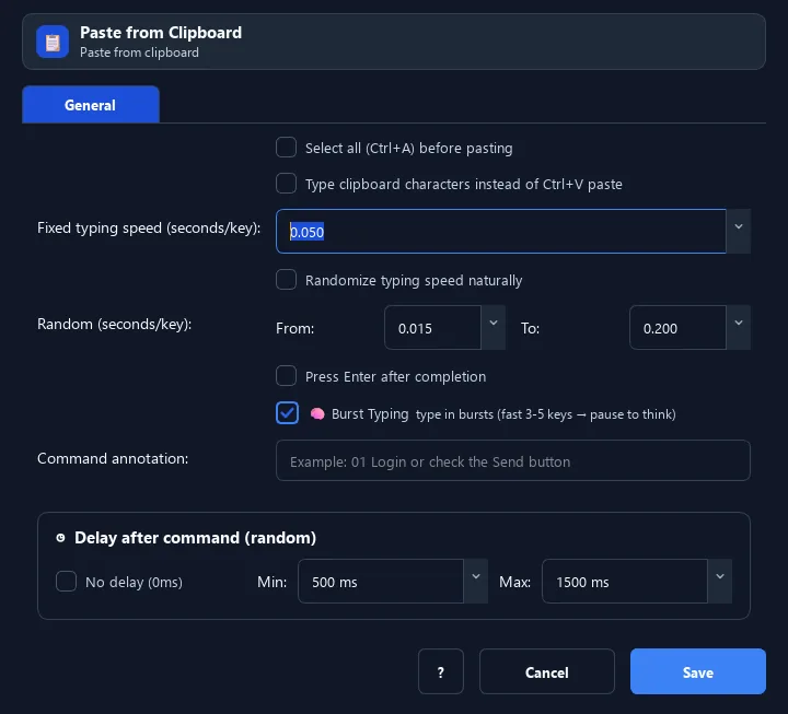 RunMacro Paste from Clipboard command configuration dialog showing parameter fields