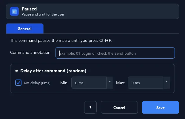 RunMacro Pause command configuration dialog showing parameter fields