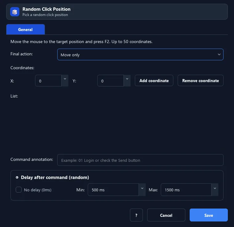 RunMacro Random Click Position command configuration dialog showing parameter fields