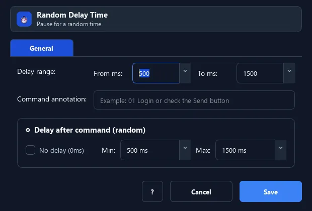 RunMacro Random Delay command configuration dialog showing parameter fields