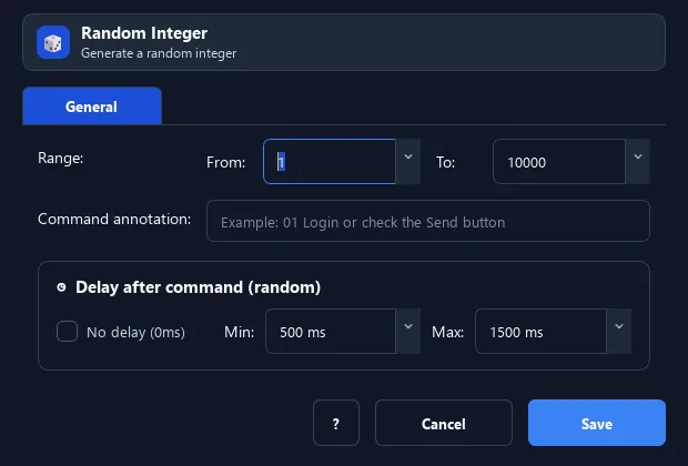 RunMacro Random Integer command configuration dialog showing parameter fields