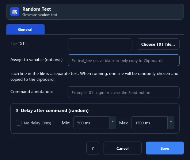 RunMacro Random Text command configuration dialog showing parameter fields