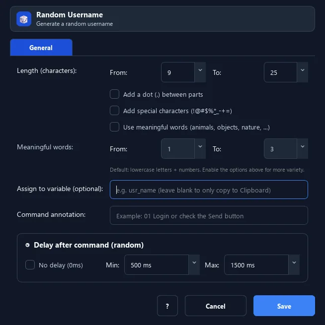RunMacro Random Username command configuration dialog showing parameter fields