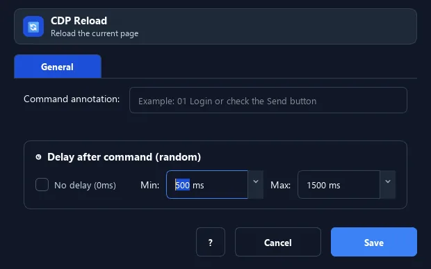 RunMacro Reload command configuration dialog showing parameter fields