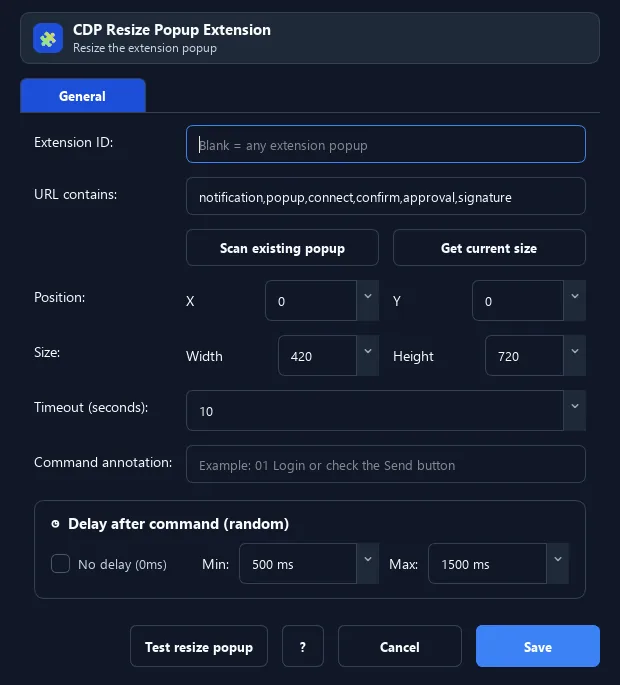 RunMacro Resize Extension Popup command configuration dialog showing parameter fields