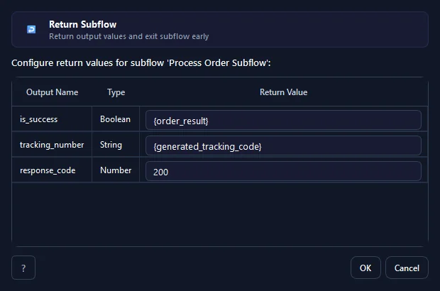 RunMacro Return Subflow command configuration dialog showing parameter fields