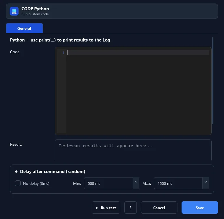 RunMacro Run Python Code command configuration dialog showing parameter fields