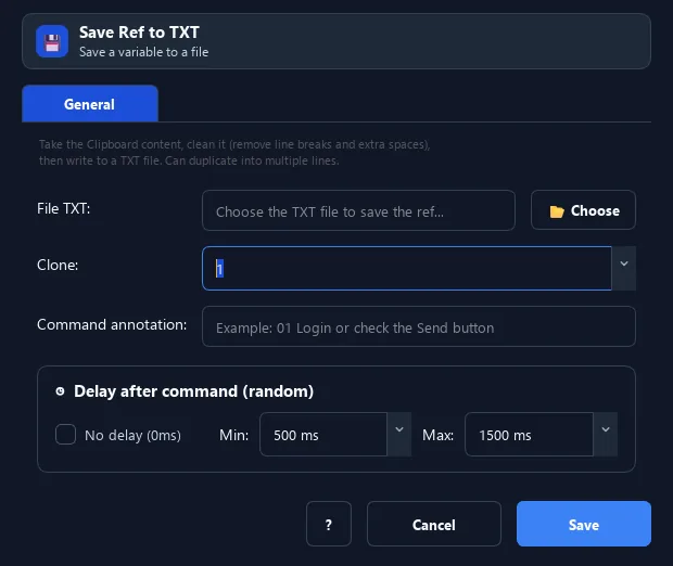 RunMacro Save Ref to TXT command configuration dialog showing parameter fields