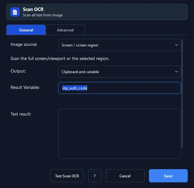 Giao diện cấu hình các trường thông số của lệnh Scan OCR trong RunMacro