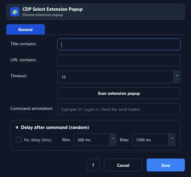 RunMacro Select Extension Popup command configuration dialog showing parameter fields